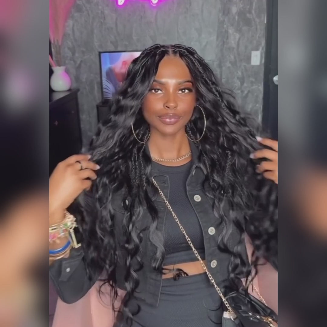 Glueless Exotic  BOHO Long Loose Wave Human Hair Lace Wig with Loc Braided Parting, Natural Black 100% Human Hair - Clear Transparent Lace Front/Closure Wig- Amanda Hair