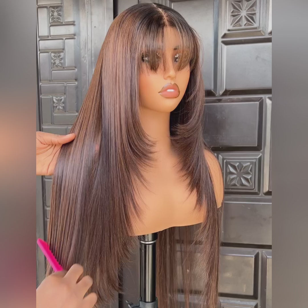 Layered Cut Brown Brazilian Straight Hair Long Wigs with Curtain Bangs 13x4/13x6 HD Lace Front Wigs-Amanda Hair
