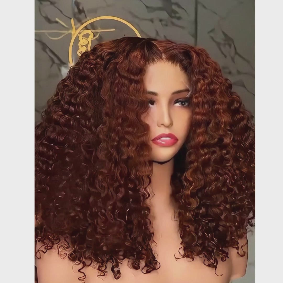 7x5 HD Glueless Lace 300% Density Deep Curly Wig | Ombre Brown & Dark Reddish Brown