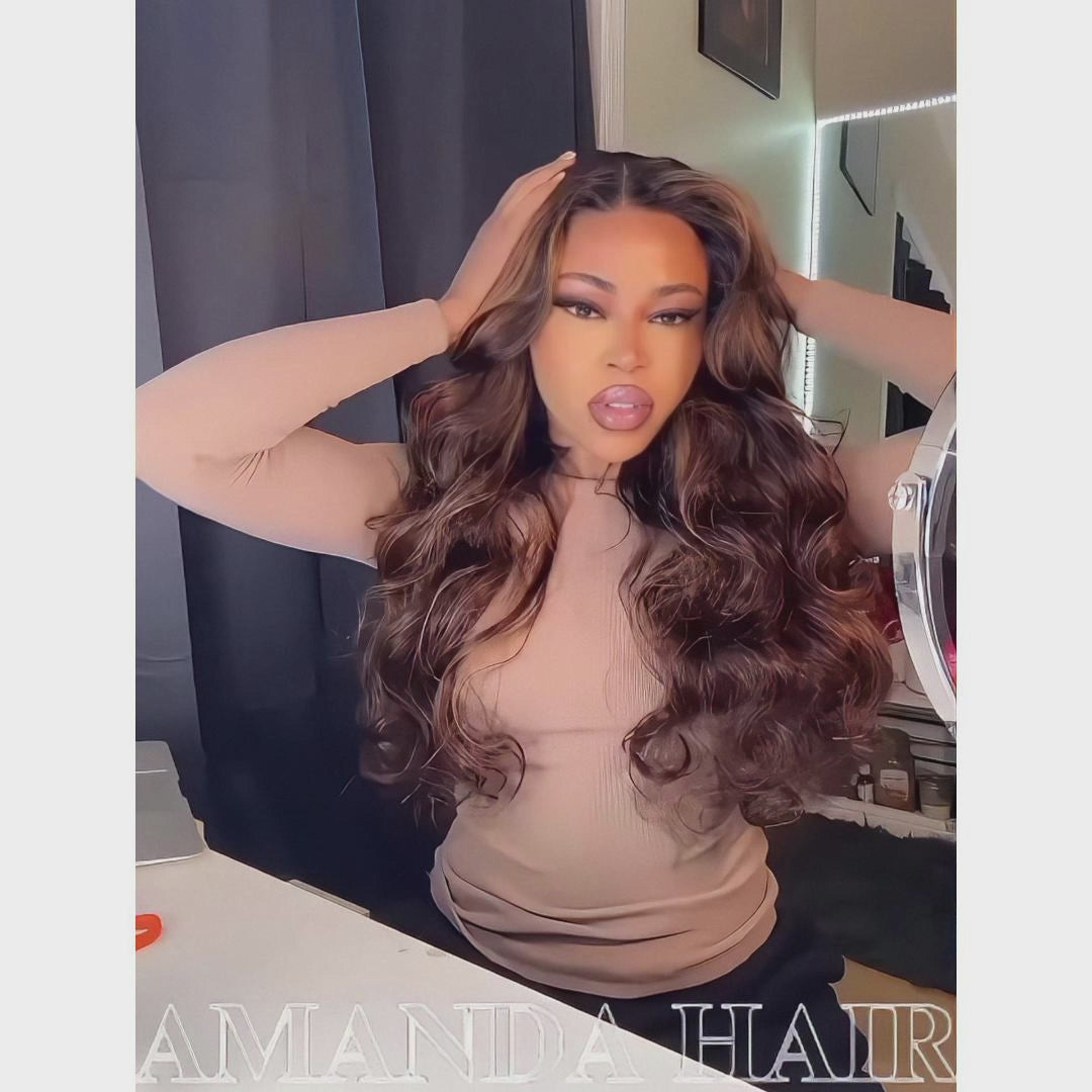Highlight Brown 7x5/13x4 Full Lace Loose Wave Wigs with Curtain Bangs Human Hair Undetectable Clear Transparent Lace Wigs - Amanda Hair