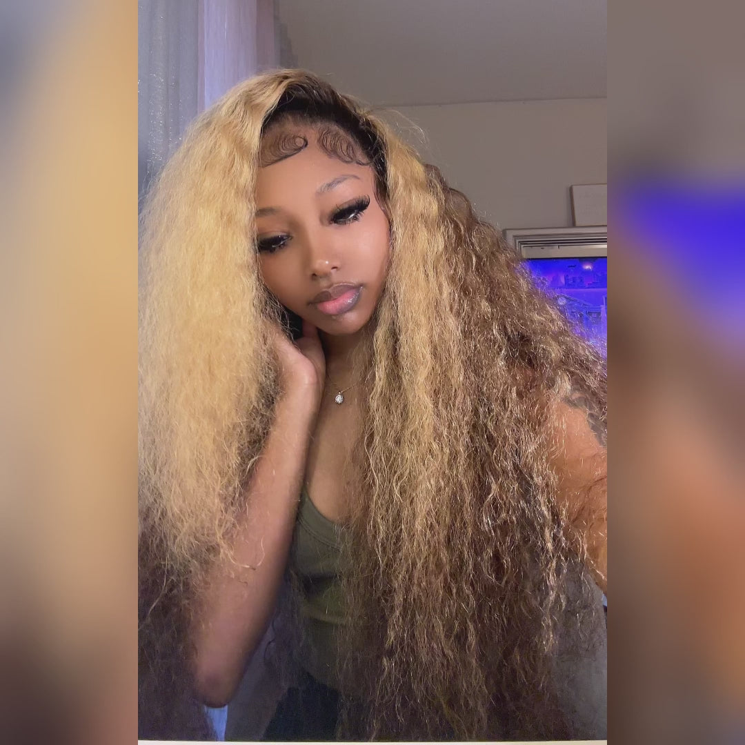 Highlight Color Honey Blonde Curly HD Transparent Lace Front/Closure Wig With Brown Roots- Amanda Hair