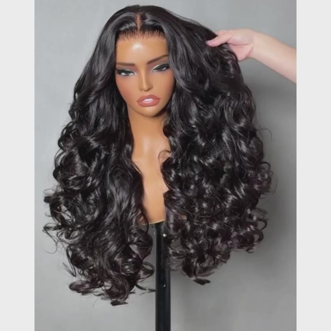 Double Drawn 3D Loose Wave Virgin Human Hair Transparent Full Lace Front Glueless Wig with Curtain Bangs Flash Sale