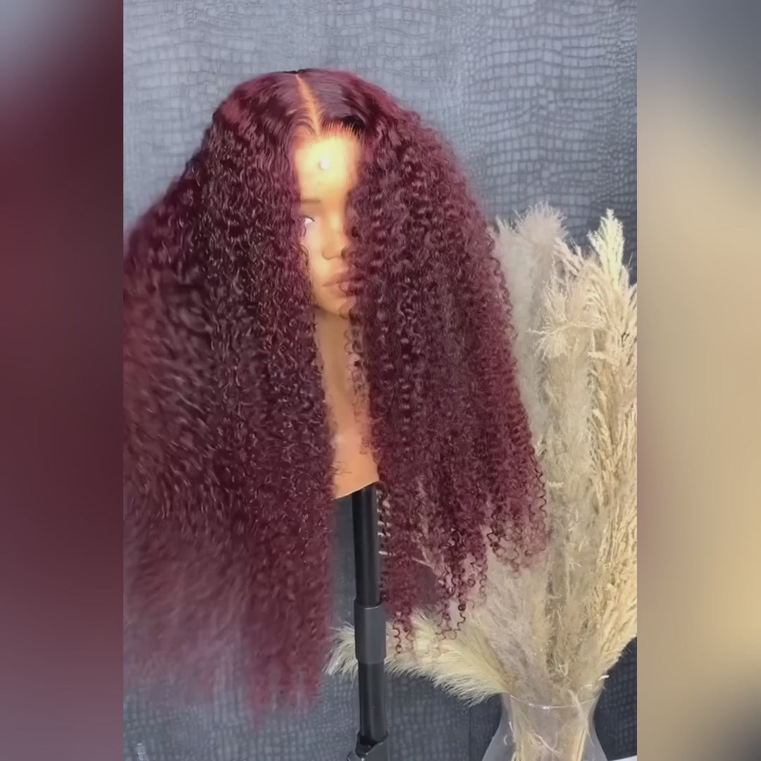 99J  Wine Red Spanish Curly Clear HD Lace Front Wigs Deep Hairline 100% Human Hair -Amanda Hair