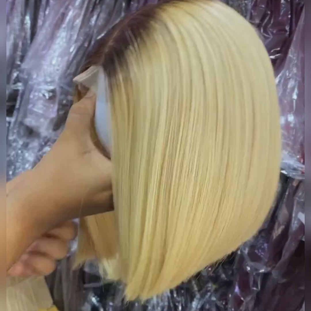 Dark Root Ombre Blonde Brazilian Straight Short Bob Wigs Transparent Lace Frontal Wig Pre Plucked Needed -Amanda Hair