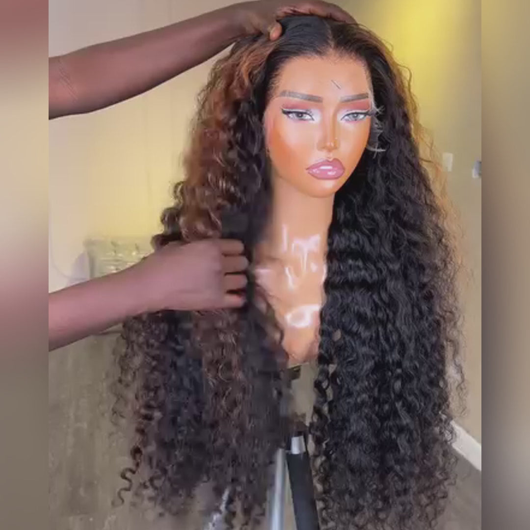 Highlight Color Light Brown Curly Clear Transparent Lace Front/Closure Wig Pre Plucked Brazilian Human Hair Deep wave Wig  - Amanda Hair