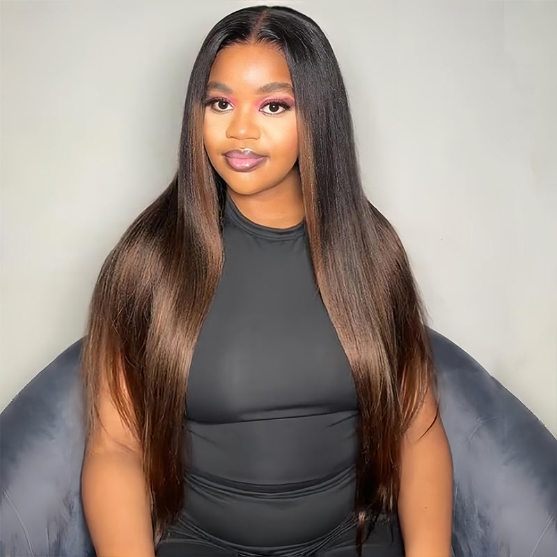 Yaki Straight New V Part Wig Chestnut Brown Ombre Color Glueless Human Hair Wig - Amanda Hair