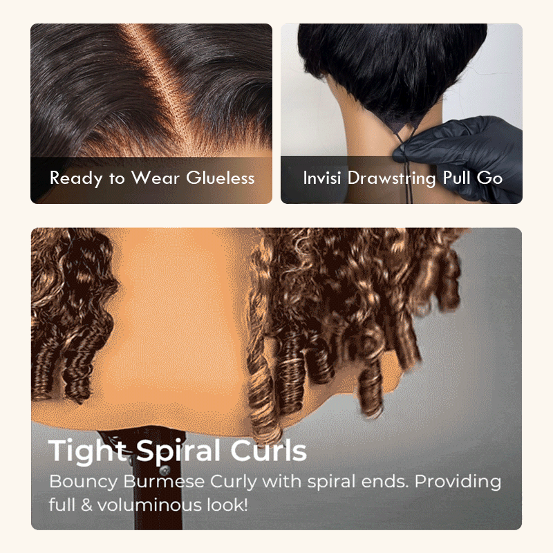 300% Density Brown Highlight Burmese Curly 13x6 Lace Front HD Transparent Lace Glueless Human Hair Wig