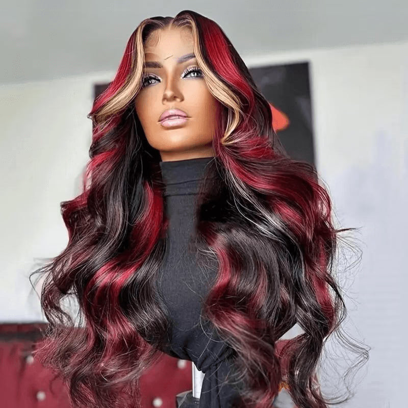 Glueless Loose Wave Black with Red & Blonde Highlight 13x4 Lace Front Multi Color Human Hair Wig