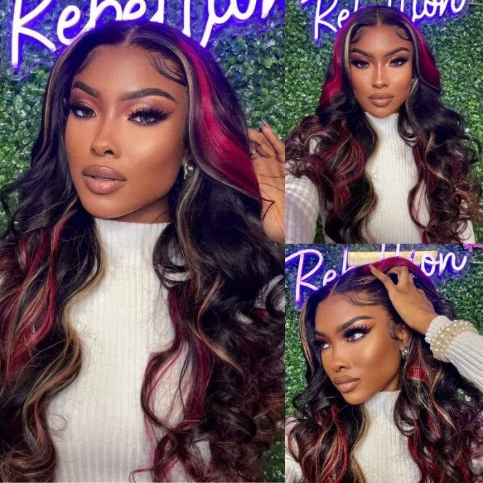 Glueless Loose Wave Black with Red & Blonde Highlight 13x4 Lace Front Multi Color Human Hair Wig