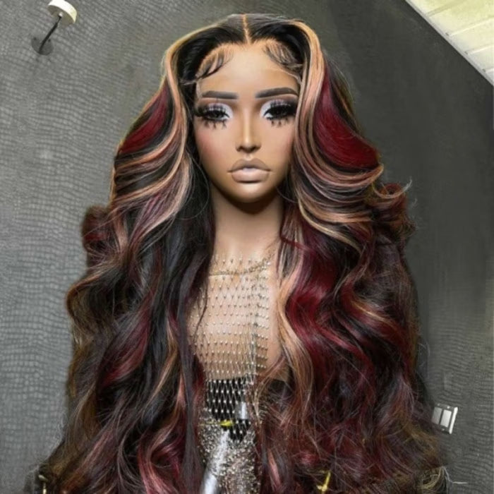 Glueless Loose Wave Black with Red & Blonde Highlight 13x4 Lace Front Multi Color Human Hair Wig