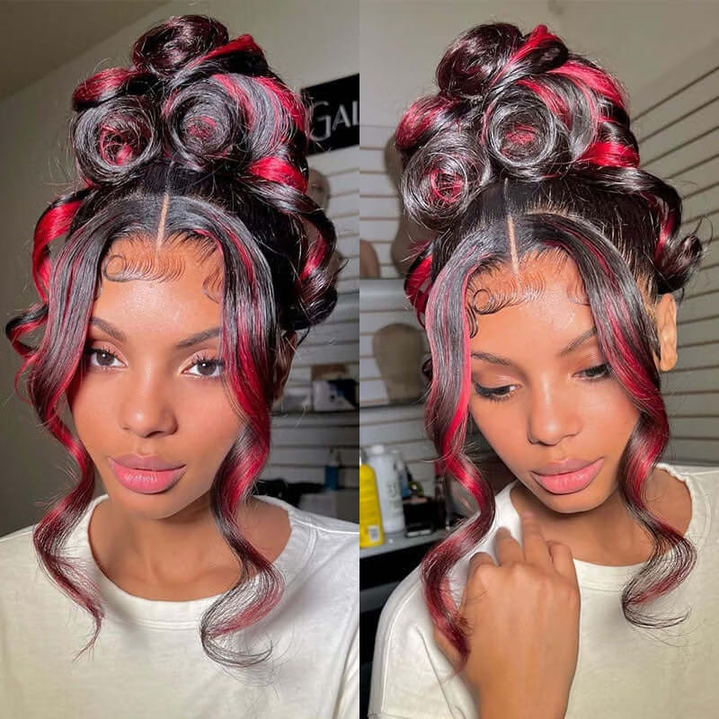 Glueless Loose Wave Black with Red & Blonde Highlight 13x4 Lace Front Multi Color Human Hair Wig