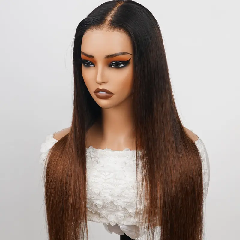 300% Density Dark Root Ombre Brown HD Transparent Lace Front Straight Glueless Human Hair Wig