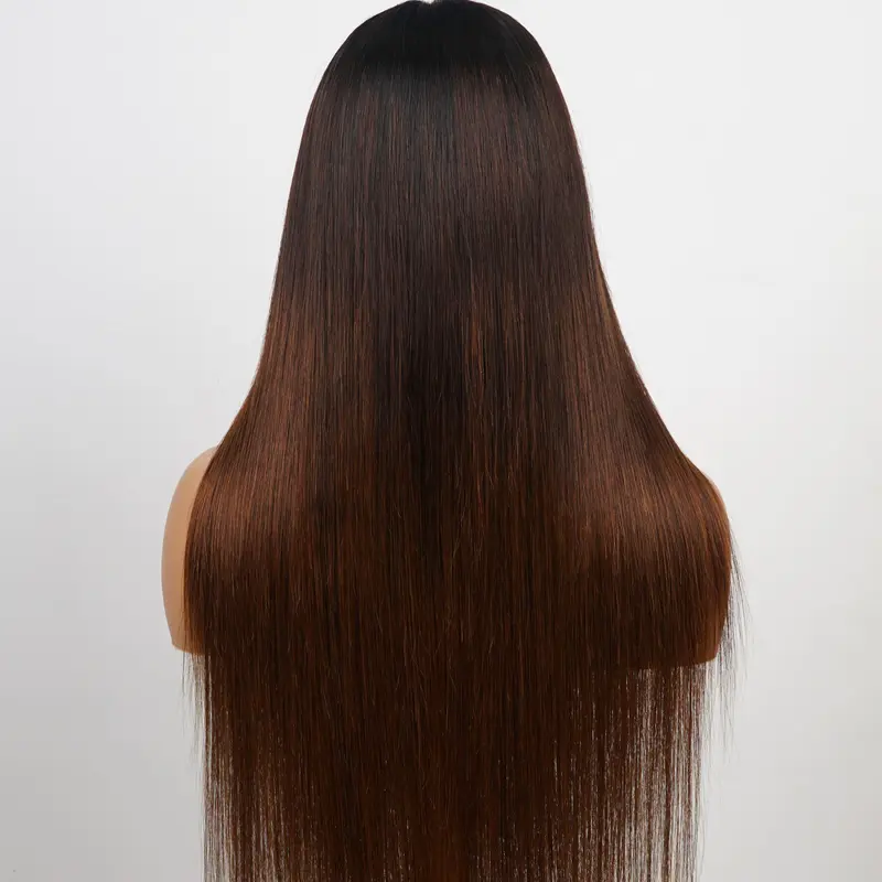 300% Density Dark Root Ombre Brown HD Transparent Lace Front Straight Glueless Human Hair Wig