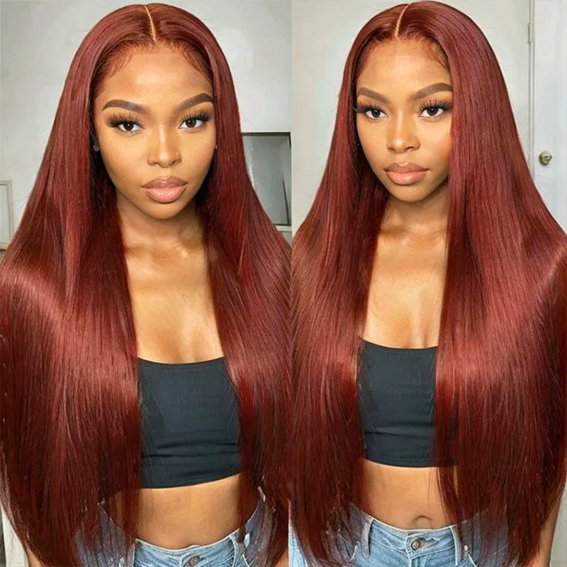 Brun rougeâtre droite 13x4 Lace Front Straight Butterfly Haircut # 33 Auburn Brown Wig Layered Hair 