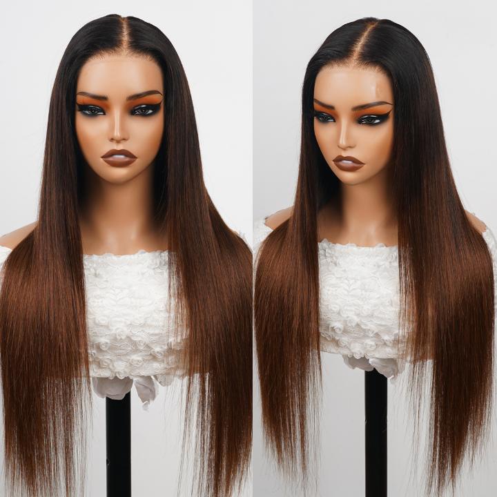 300% Density Dark Root Ombre Brown HD Transparent Lace Front Straight Glueless Human Hair Wig