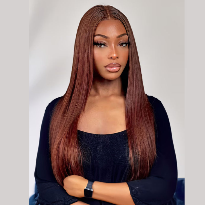 Brun rougeâtre droite 13x4 Lace Front Straight Butterfly Haircut # 33 Auburn Brown Wig Layered Hair 