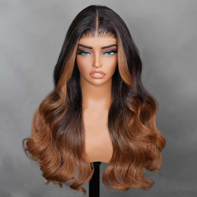 Body Wave Put On & Go Ombre Brown Invisible Drawstrings Pre-Cut HD Transparent Lace Glueless Wig-Amanda Hair