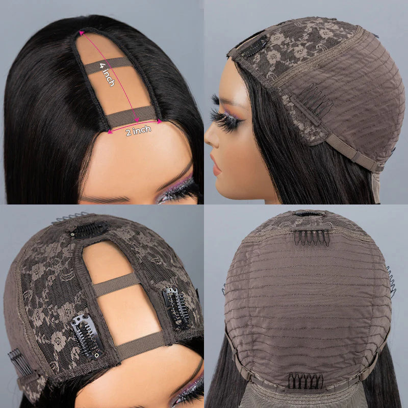 U Part Shape Leave Out Glueless Wigs Remy Brazilian Hair Straight Wig For Black Women 150% Density - Amanda Hair