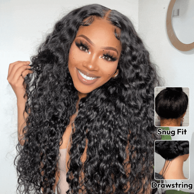 Glueless Water Wave 7x5 / 13x4 Transparent HD Lace Pull and Go Invisible Drawstring Human Hair Wigs
