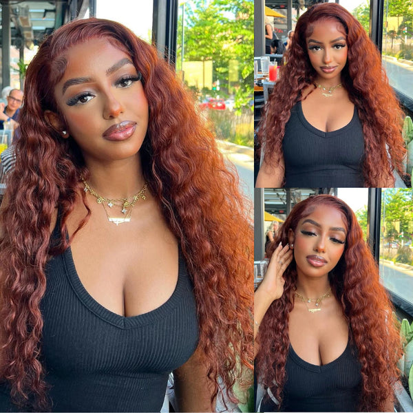 Buy 1 Get 1 Free Glueless Water Wave Reddish Brown 7x5 Lace / 13x4 Lace Front Wigs Dark Auburn Colored Human Hair Wig