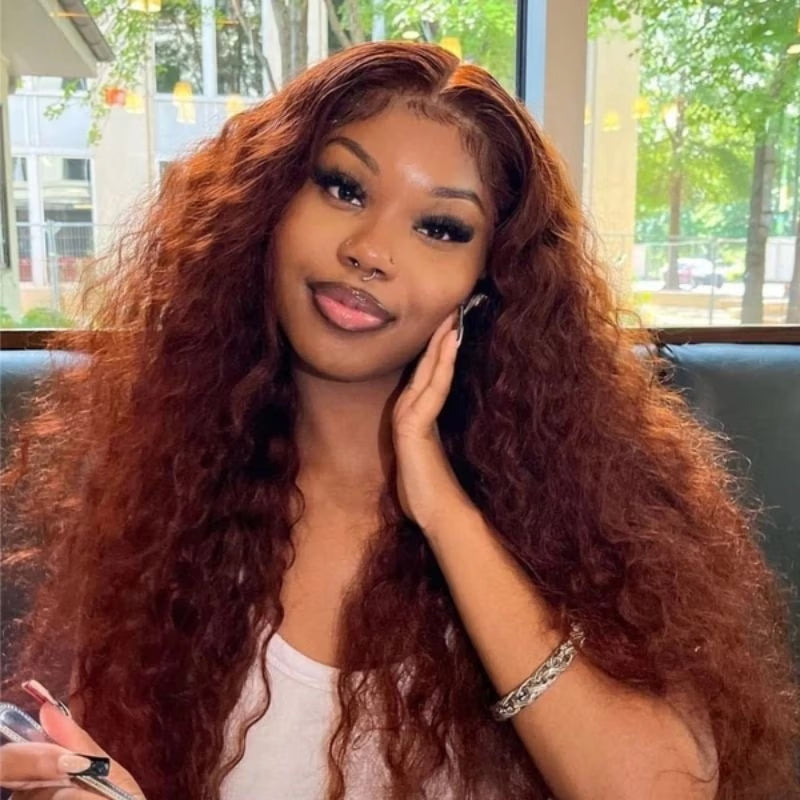 Glueless Water Wave Reddish Brown 7x5 Lace Wigs Dark Auburn Colored Human Hair Wig-Amanda Hair