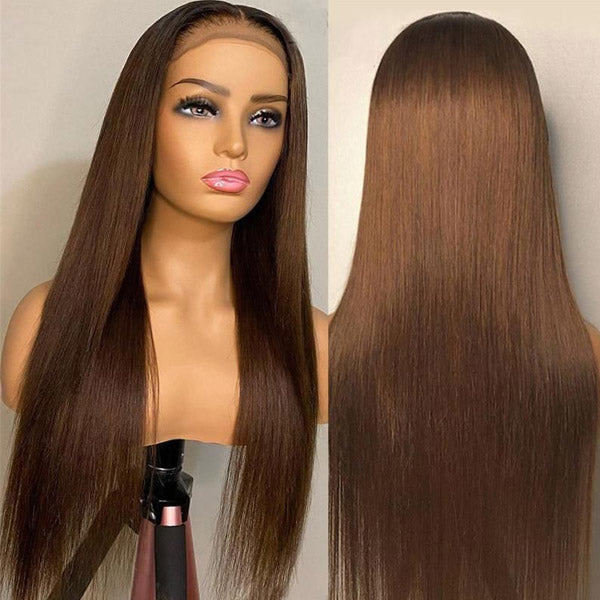 Perruques de cheveux humains raides marron châtain 13x4 perruque colorée avant de lacet pour les femmes noires-Amanda Hair