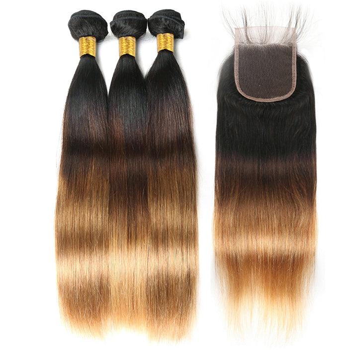 Blonde Human Hair 3 Bundles With Closure 3Tone (T1b/4/27) 100% Real Straight Human Hair Extensions