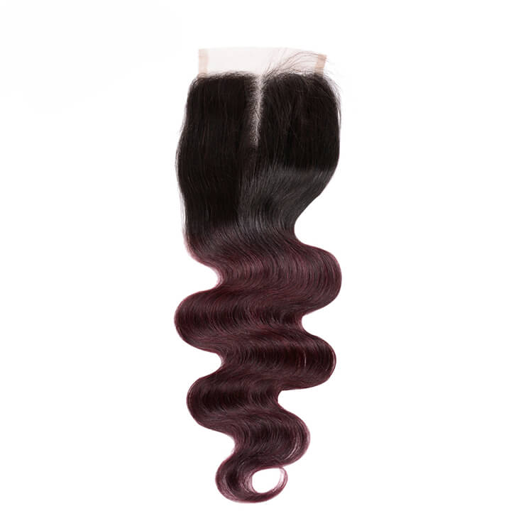 Brazilian Body Wave Hair Bundles With Closure Ombre Burgundy  100% Real Human Hair Extensions