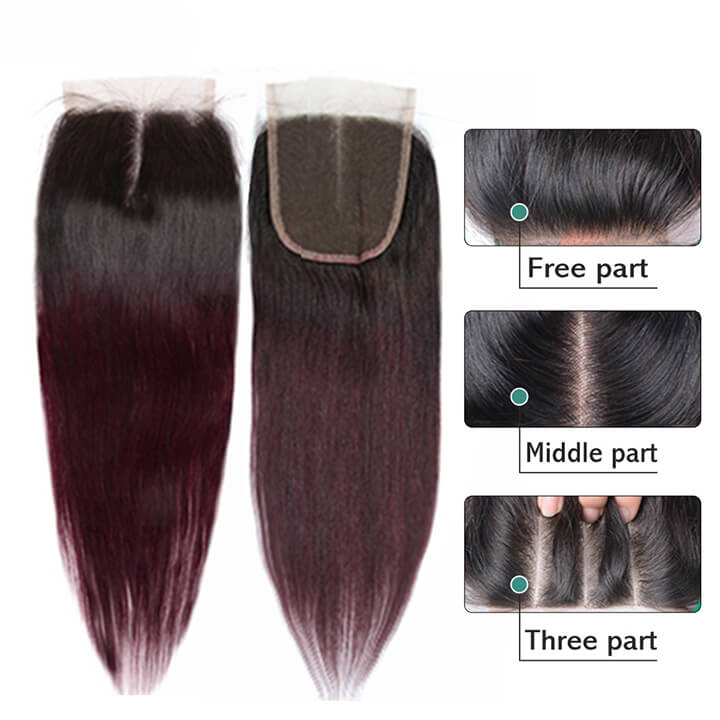 Ombre Burgundy Dark Roots Straight Hair Bundles With Closure 100% Real Human Hair Extensions