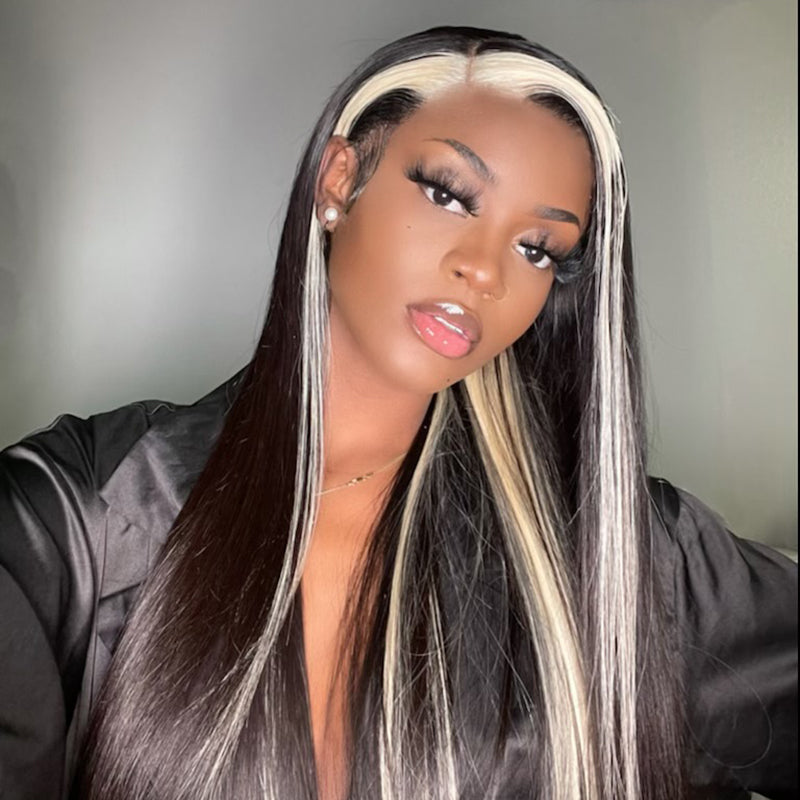 Faits saillants Blonde &amp; Black Skunk Stripe Straight Lace Closure Perruques de cheveux humains 1b / 613 Colored HD Transparent 13 * 4 / 4x4 Lace Front Wig With Baby Hair-Amanda Hair