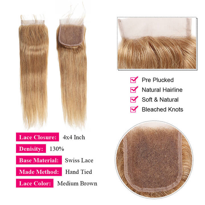 Straight Hair 3 Bundles With Lace Closure Honey Blonde Brazilian Human Hair Honey Blonde #27-AmandaHair