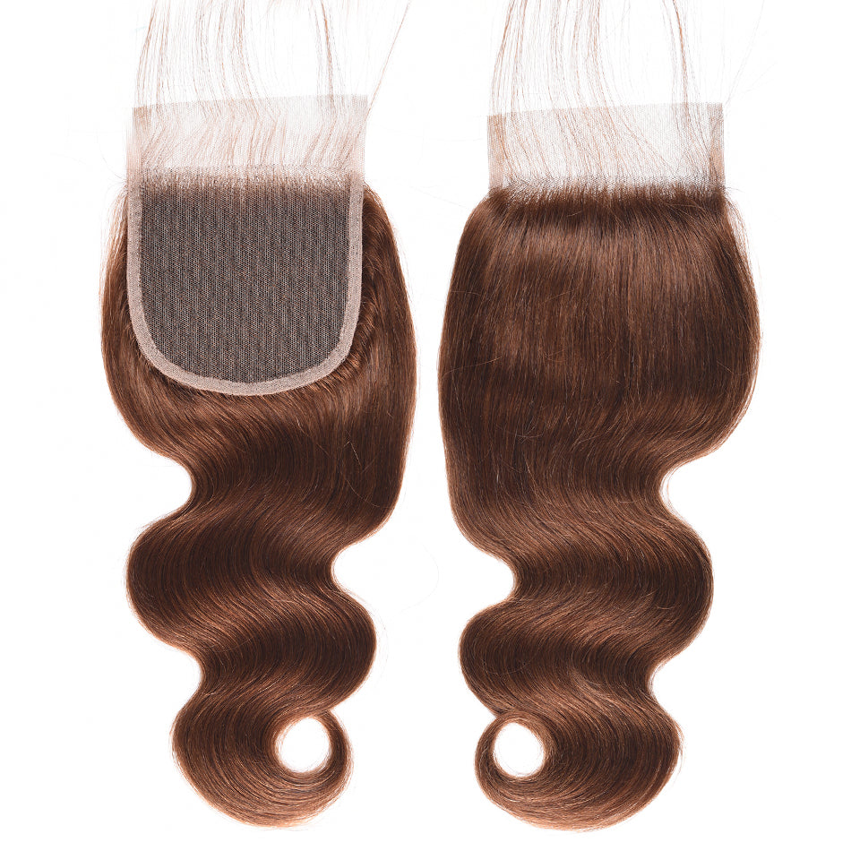 Cheveux de vague de corps brésiliens brun clair avec fermeture 3 faisceaux avec fermeture 4X4 # 4 