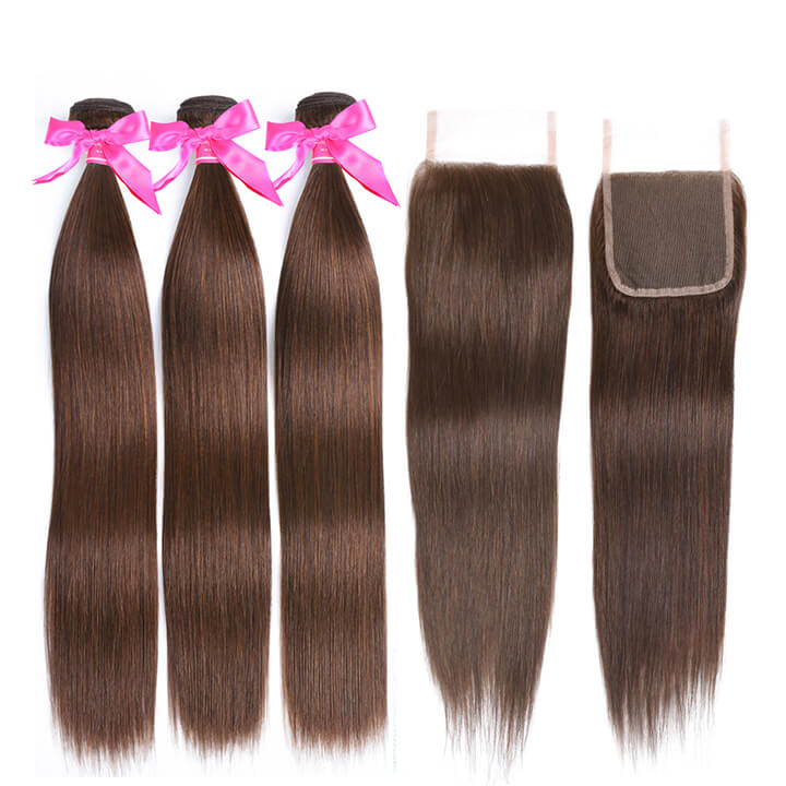 #4 Straight Hair 3 Bundles With Closure 100% Human Hair Bundles Light Brown Brazilian Hair Extensions