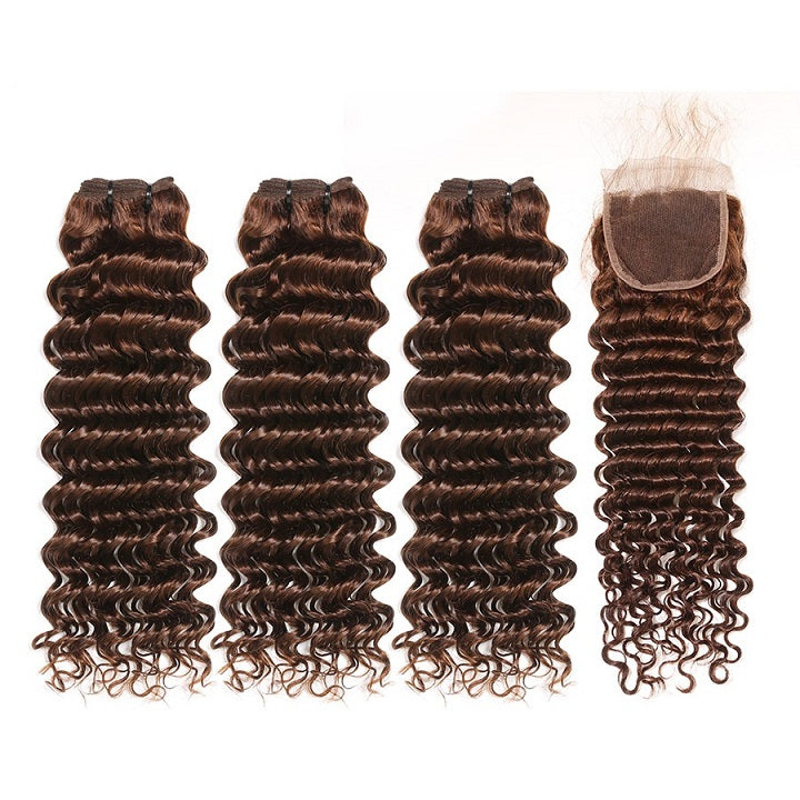 #4 Light Brown Deep Wave Hair With Closure 3 Bundles With Closure Brazilian Hair Extensions