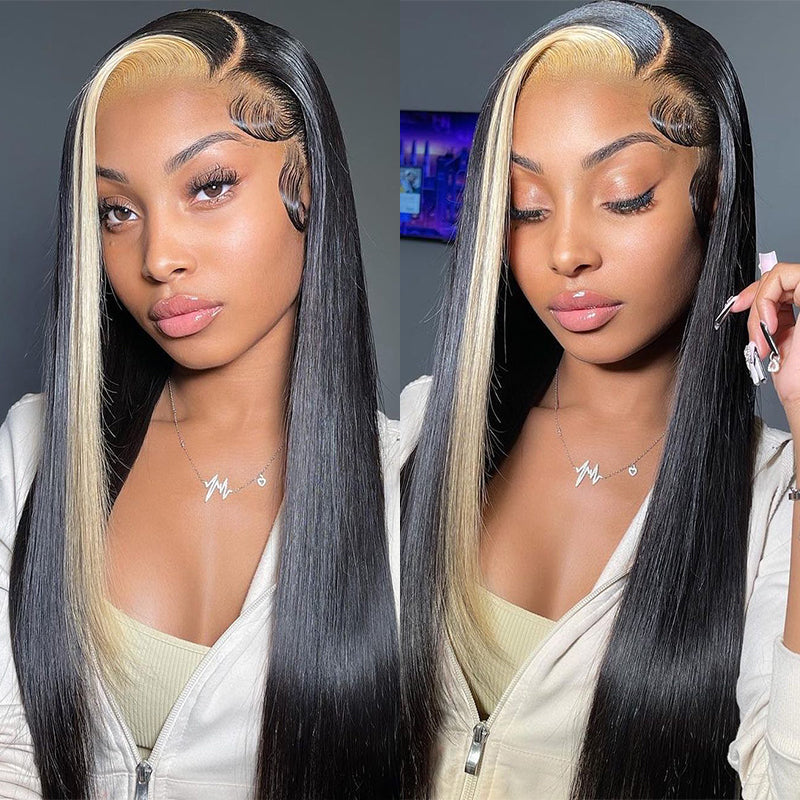 Highlights Blonde & Black Skunk Stripe  Straight Lace Closure Human Hair Wigs 1b/613 Colored HD Transparent 13*4/4x4 Lace Front Wig With Baby Hair-Amanda Hair