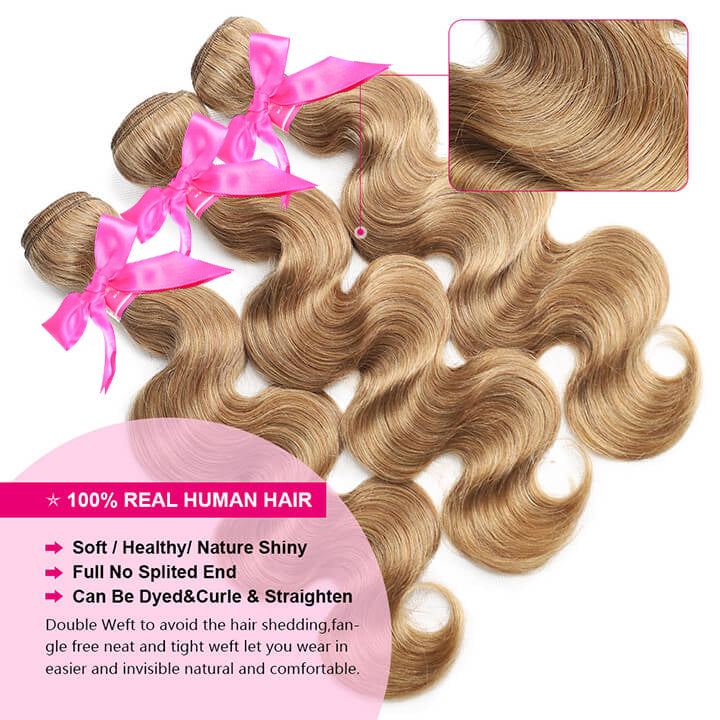 Body Wave 3 Bundles With Lace Closure Brazilian Human Hair  Honey Blonde #27-AmandaHair