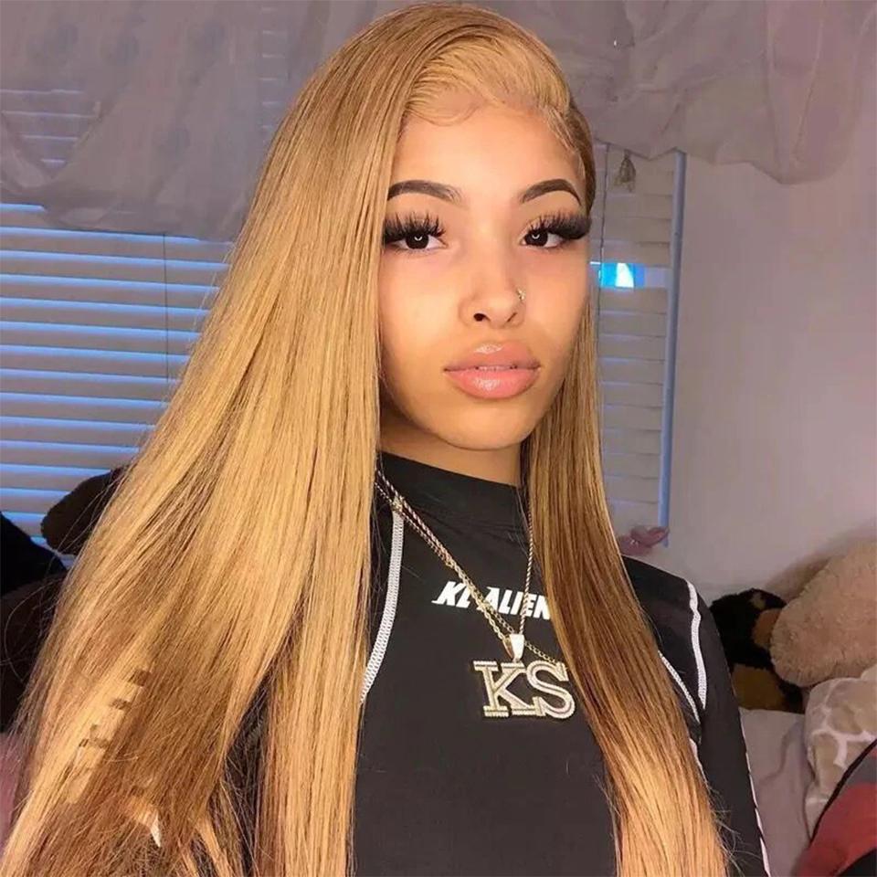 Honey Blonde #27 Straight 4x4/5x5/13x4 Lace Closure/Frontal Transaparent Wigs 150%/180% Density HD Lace Wigs Pre-plumed with Baby Hair