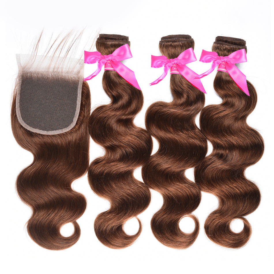 Light Brown Brazilian Body Wave Hair With Closure 3 Bundles With 4X4 Closure #4