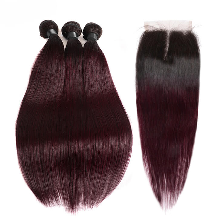 Ombre Burgundy Dark Roots Straight Hair Bundles With Closure 100% Real Human Hair Extensions
