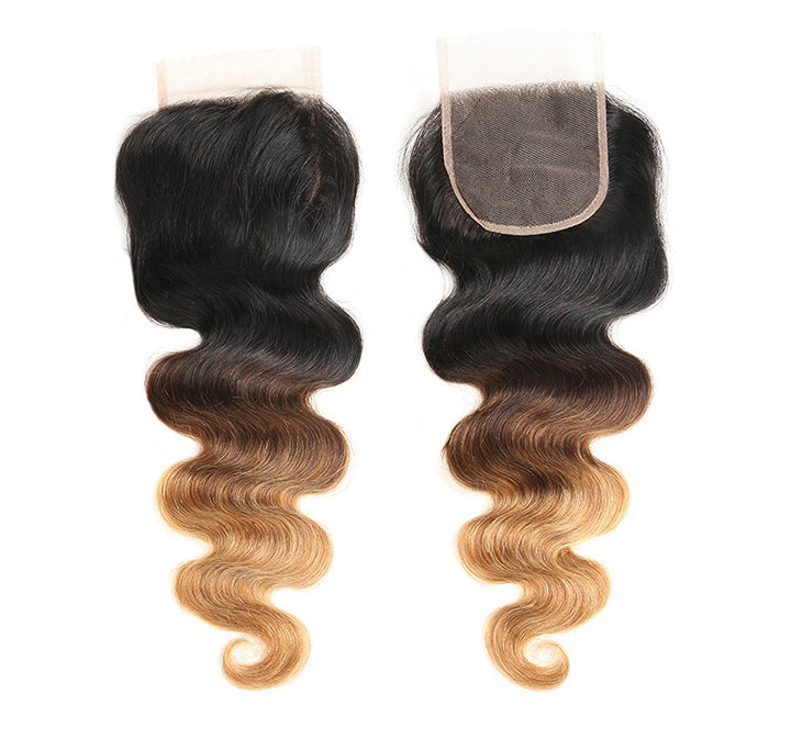 Ombre Bundles Avec Fermeture Brésilienne Body Wave Cheveux Humains 3Tone (T1b / 4/27) Mettez en surbrillance 100% Real Extensions de Cheveux Humains 