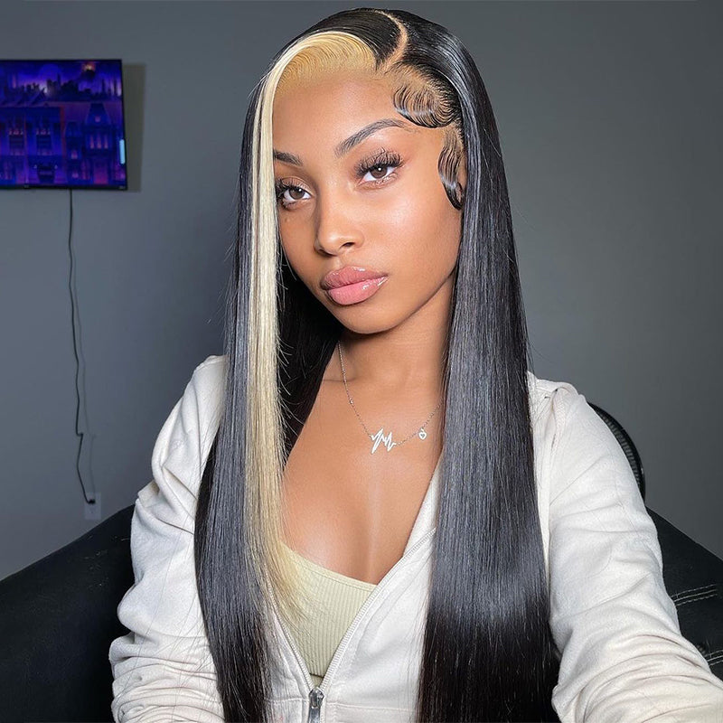 Faits saillants Blonde &amp; Black Skunk Stripe Straight Lace Closure Perruques de cheveux humains 1b / 613 Colored HD Transparent 13 * 4 / 4x4 Lace Front Wig With Baby Hair-Amanda Hair