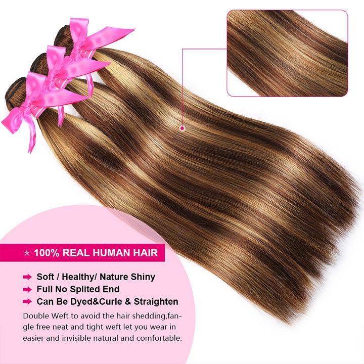 Highlight Brown 3 paquetes de cabello humano liso con cierre Ombre Honey Blonde -Amandahair 