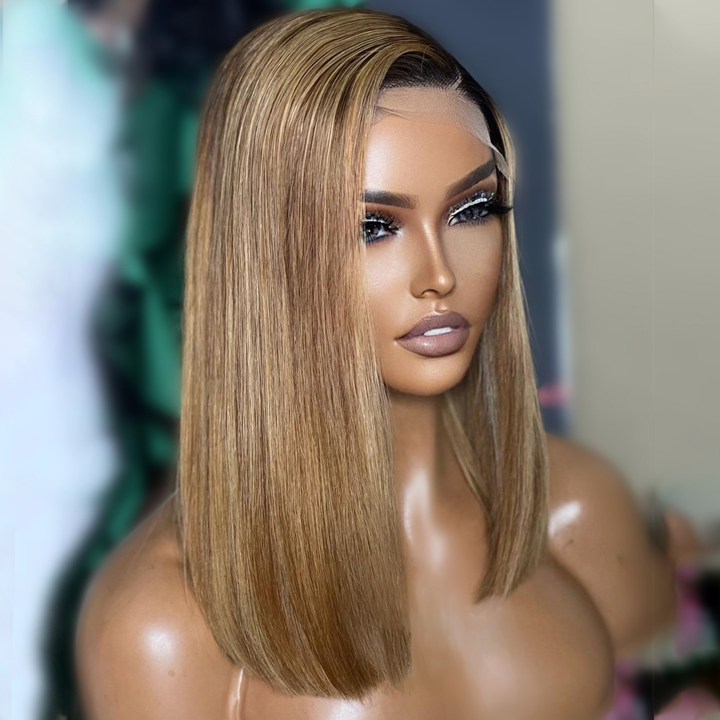 Ombre brun clair court Bob perruque droite 13*4/4*4 brésilien Huaman cheveux Lace Front perruques-Amanda cheveux