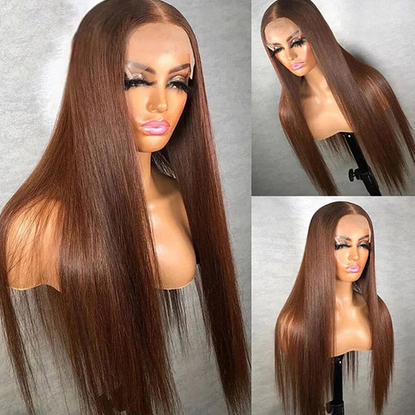 Pelucas de cabello humano liso marrón castaño 13x4 Peluca de color frontal de encaje para mujeres negras-Amanda Hair