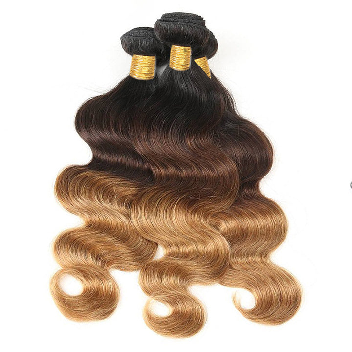 Ombre Bundles With Closure Brazilian Body Wave Human Hair 3Tone (T1b/4/27) Highlight 100% Real Human Hair Extensions