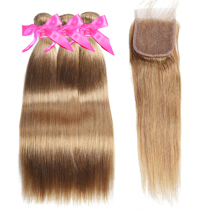 Cheveux raides 3 faisceaux avec fermeture à lacet Honey Blonde Cheveux humains brésiliens Honey Blonde #27-AmandaHair 
