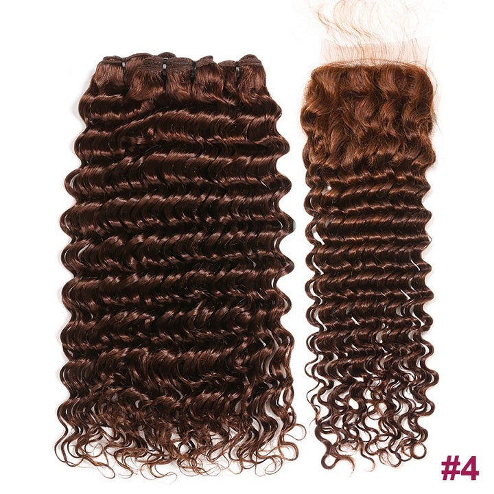 # 4 cheveux bruns clairs à vague profonde avec fermeture 3 faisceaux avec fermeture extensions de cheveux brésiliens 