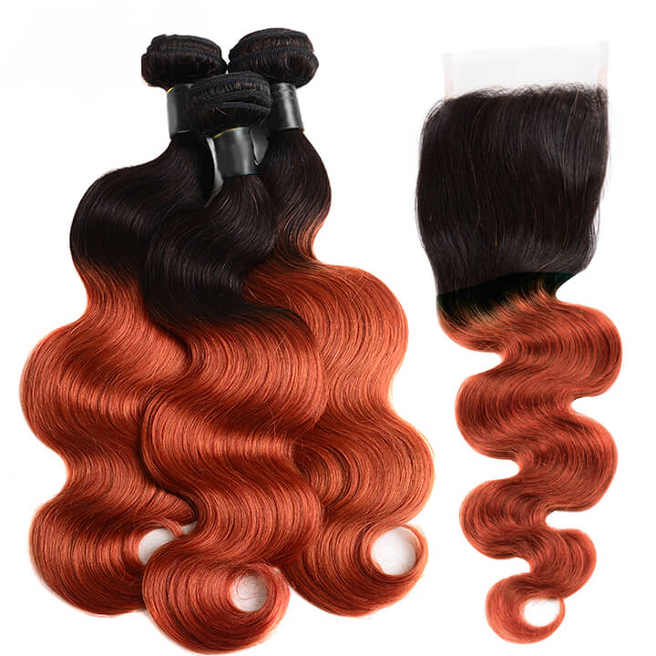 Brazilian Human Hair Body Weave 3 Bundles With Lace Closure Ombre Ginger Orange Hair Extensions(#1b/350 )