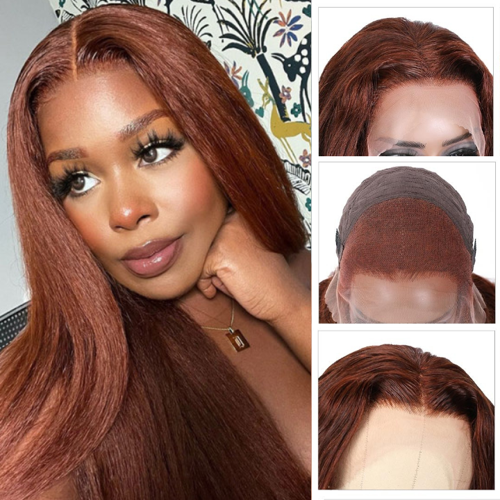 Reddish Brown Transparent Lace Front Kinky Straight Wigs Deep Hairline 100% Human Hair Auburn Color Fall Wigs