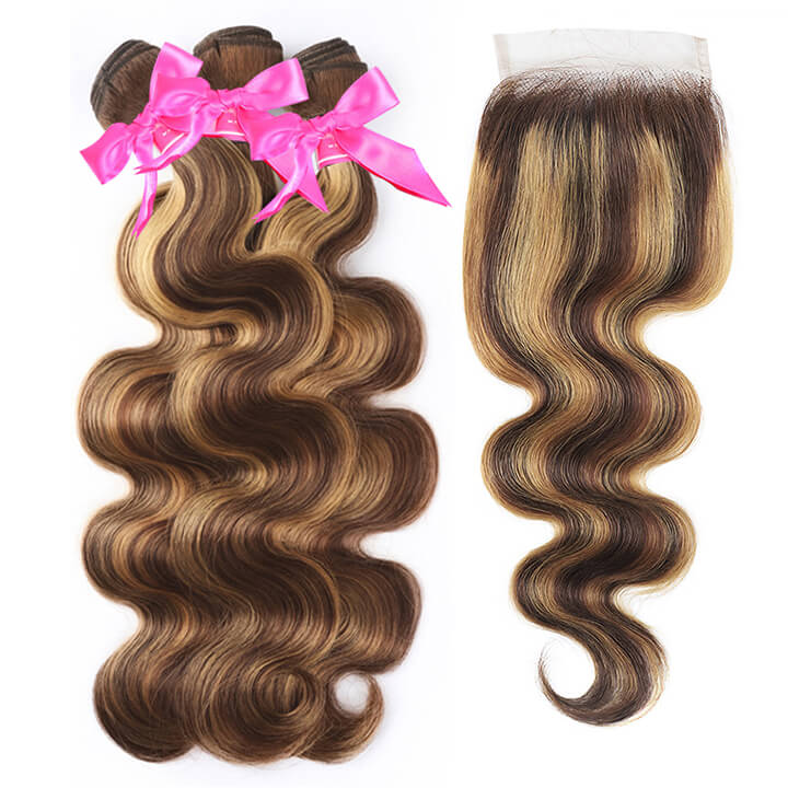 Resalte Brown Body Wave Paquetes de cabello brasileño humano con cierre Ombre Honey Blonde Cierre con paquetes 